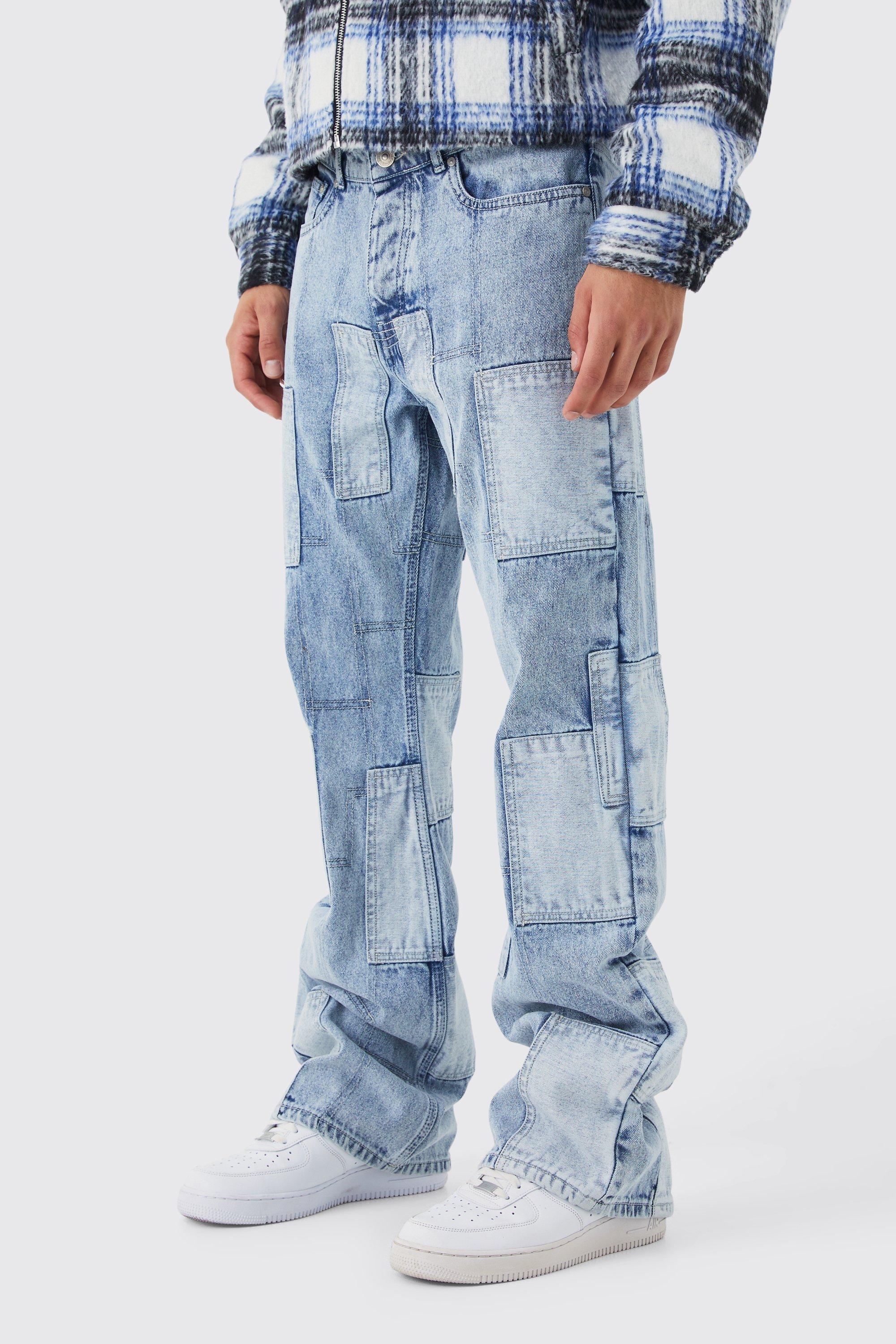 Mens Blue Relaxed Rigid Flare Patchwork Jeans, Blue